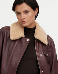 Sherpa-Collar Asymmetric Zip-Front Jacket in Leather DARK COFFEE