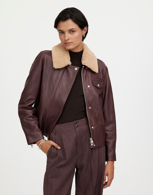 Sherpa-Collar Asymmetric Zip-Front Jacket in Leather DARK COFFEE