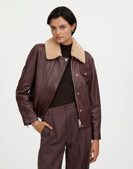 Sherpa-Collar Asymmetric Zip-Front Jacket in Leather DARK COFFEE