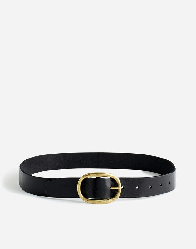 Oval-Buckle Distressed Leather Belt TRUE BLACK