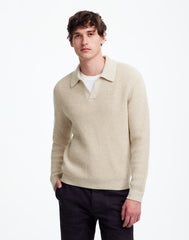 Johnny-Collar Sweater Polo Shirt in Waffle Knit HEATHER LIGHT SAND