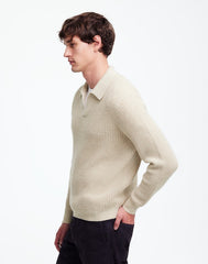 Johnny-Collar Sweater Polo Shirt in Waffle Knit HEATHER LIGHT SAND