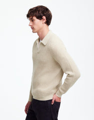 Johnny-Collar Sweater Polo Shirt in Waffle Knit HEATHER LIGHT SAND