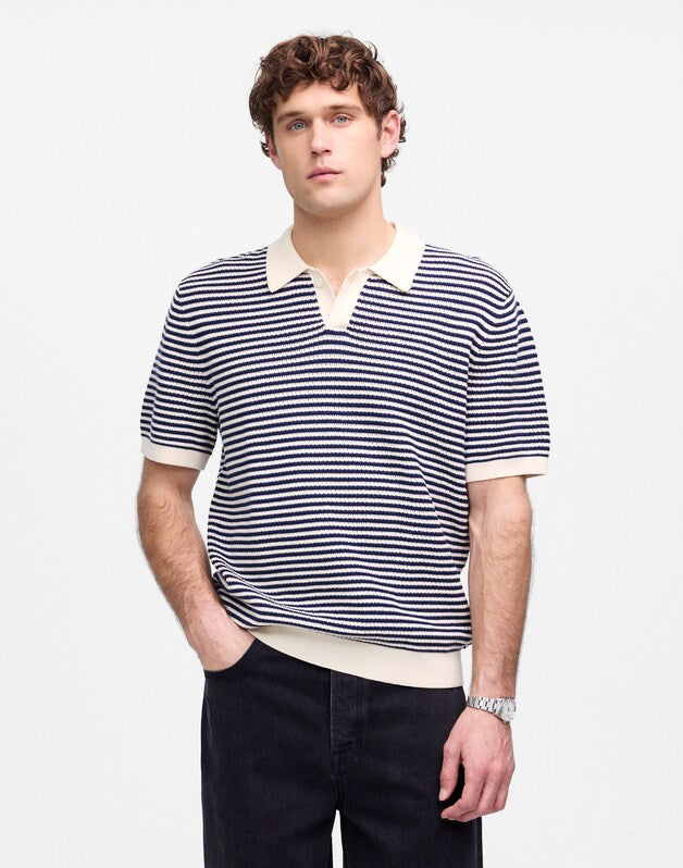 Pointelle Stitch Single-Button Sweater Polo ANTIQUE NAVY