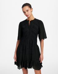 Eyelet Flutter Sleeve Mini Dress in Cotton JET BLACK