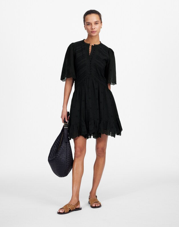 Eyelet Flutter Sleeve Mini Dress in Cotton JET BLACK