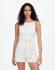 Sleeveless Square-Neck Pleated Romper IVORY BLACK PINSTRIPE