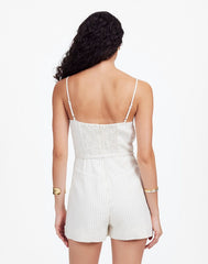 Sleeveless Square-Neck Pleated Romper IVORY BLACK PINSTRIPE