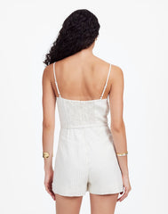 Sleeveless Square-Neck Pleated Romper IVORY BLACK PINSTRIPE