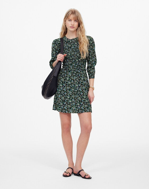 Smocked Mini Dress in Floral MEADOW DITSY BLACK