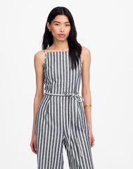 Pleated Wide-Leg Jumpsuit in Pinstripe Linen NAVY WHITE STRIPE