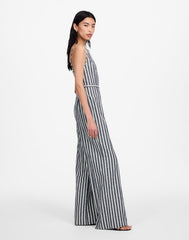 Pleated Wide-Leg Jumpsuit in Pinstripe Linen NAVY WHITE STRIPE