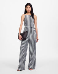 Pleated Wide-Leg Jumpsuit in Pinstripe Linen NAVY WHITE STRIPE
