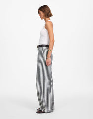 The Zoe Relaxed Wide Pant in Linen-Cotton Blend NAVY WHITE STRIPE