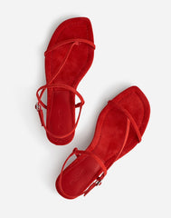 The Maycie Asymmetric T-Strap Sandal in Suede BANDANA RED
