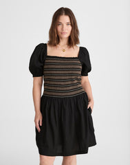 Poplin Puff-Sleeve Mini Dress JET BLACK