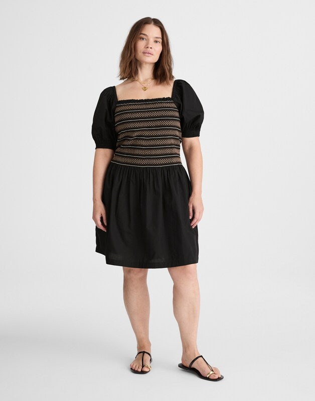 Poplin Puff-Sleeve Mini Dress JET BLACK