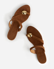 The Mila Sculpted Hardware Thong Slide Sandal in Suede AGED COGNAC