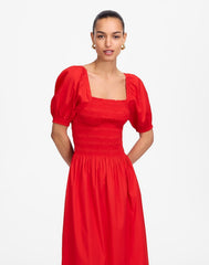 Smocked Puff Sleeve Midi Dress in Poplin CERISE