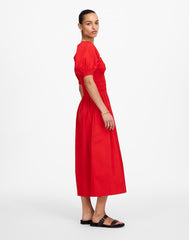 Smocked Puff Sleeve Midi Dress in Poplin CERISE