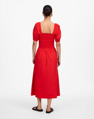 Smocked Puff Sleeve Midi Dress in Poplin CERISE