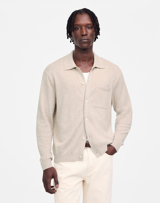 Button-Up Sweater Polo in Lightweight Cotton-Linen Blend HEATHER BROWN