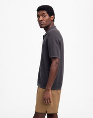 Open-Stitch Button-Up Sweater Polo SOFT CHARCOAL