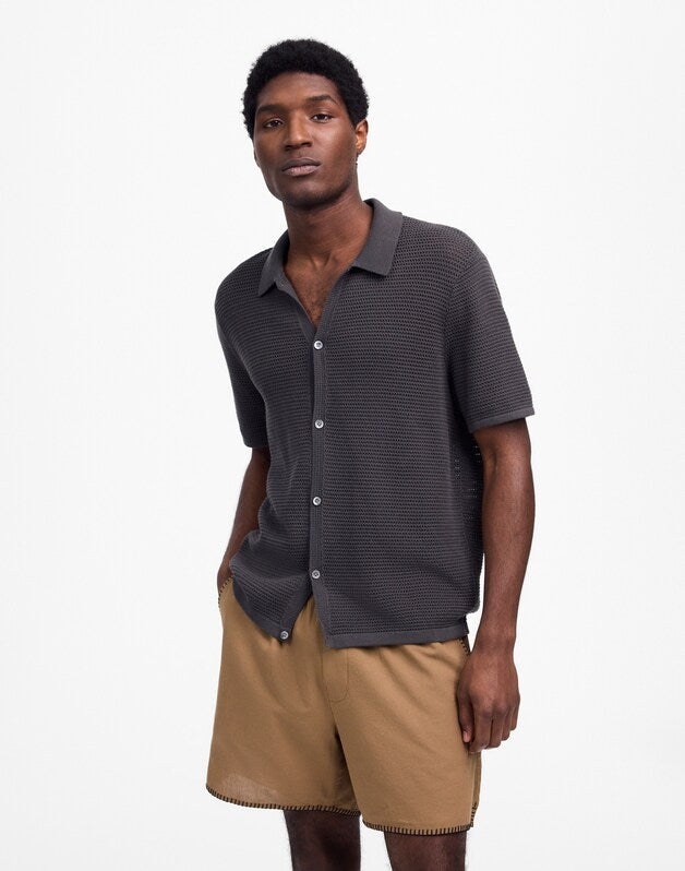 Open-Stitch Button-Up Sweater Polo SOFT CHARCOAL