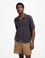 Open-Stitch Button-Up Sweater Polo SOFT CHARCOAL