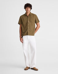 Camp-Collar Short-Sleeve Shirt in Embroidered Cotton CHATEAU OLIVE