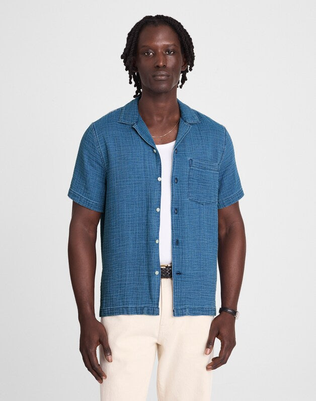Indigo-Dyed Short-Sleeve Button-Up Shirt LIGHT INDIGO GAUZE