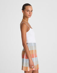 Single-Pleat Mini Skirt in 100% Linen BLUE ORANGE PLAID