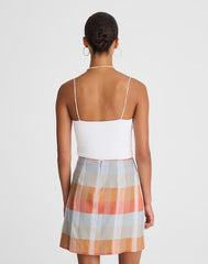 Single-Pleat Mini Skirt in 100% Linen BLUE ORANGE PLAID