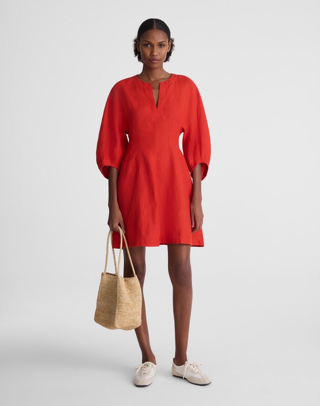 Splitneck Mini Dress in 100% Linen WILD POPPY