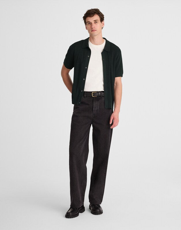 Tuck-Stitch Button-Up Sweater Polo DARK BOTTLE