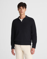 Cotton Shaker-Stitch Johnny-Collar Sweater Polo WASHED BLACK