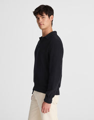 Cotton Shaker-Stitch Johnny-Collar Sweater Polo WASHED BLACK