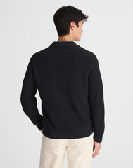 Cotton Shaker-Stitch Johnny-Collar Sweater Polo WASHED BLACK
