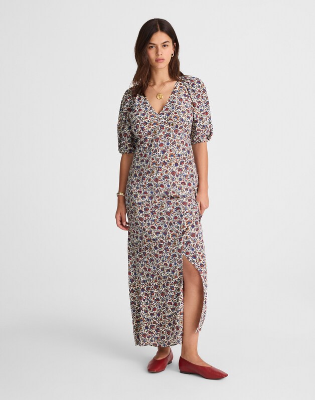 Puff-Sleeve Empire Maxi Dress CHERRY RED