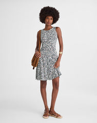 Button-Front Boatneck Mini Dress in Floral AMANDA FLORAL NAVY