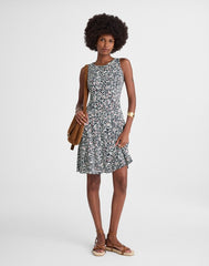 Button-Front Boatneck Mini Dress in Floral AMANDA FLORAL NAVY