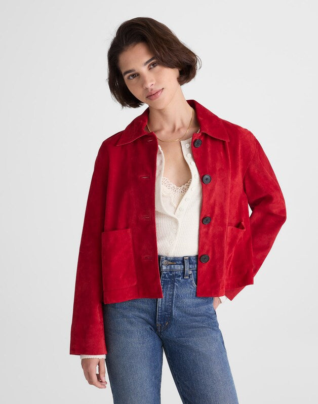 Boxy-Crop Jacket in Suede CRIMSON
