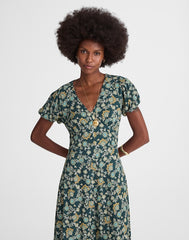 Seamed Puff-Sleeve Midi Dress in Floral MINERAL BLUE