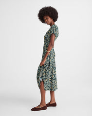 Seamed Puff-Sleeve Midi Dress in Floral MINERAL BLUE