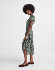 Seamed Puff-Sleeve Midi Dress in Floral MINERAL BLUE