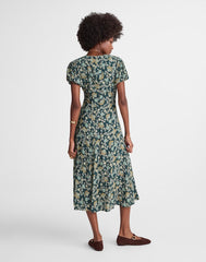 Seamed Puff-Sleeve Midi Dress in Floral MINERAL BLUE