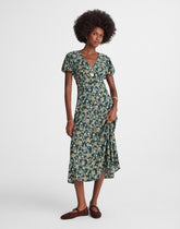 Seamed Puff-Sleeve Midi Dress in Floral MINERAL BLUE