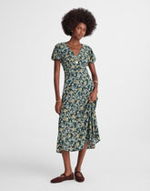 Seamed Puff-Sleeve Midi Dress in Floral MINERAL BLUE