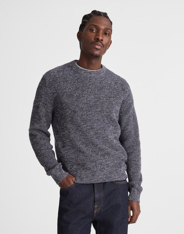 Marled Cotton Shaker-Stitch Crewneck Sweater INK MARL