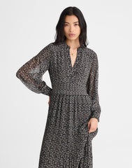Pleated Puff-Sleeve Maxi Dress in Floral JET BLACK